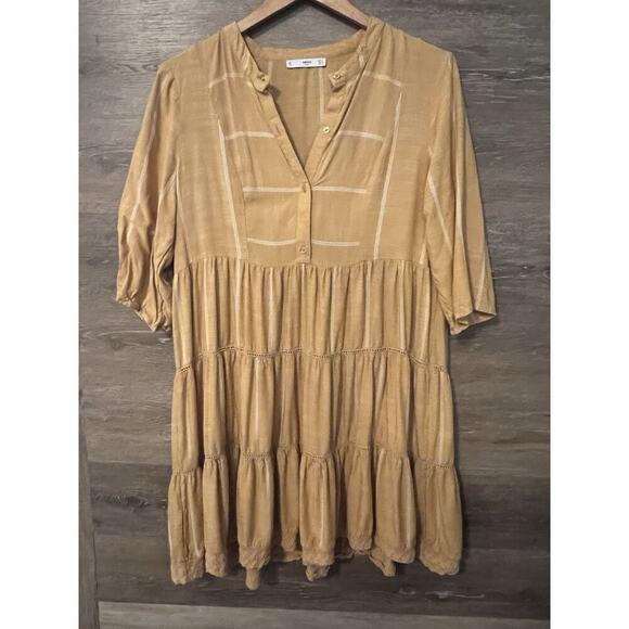 Mango Dress Flowy Sz Large Summer Crotchet Hem V Neck Mustard 3/4 Sleeves - Picture 1 of 8